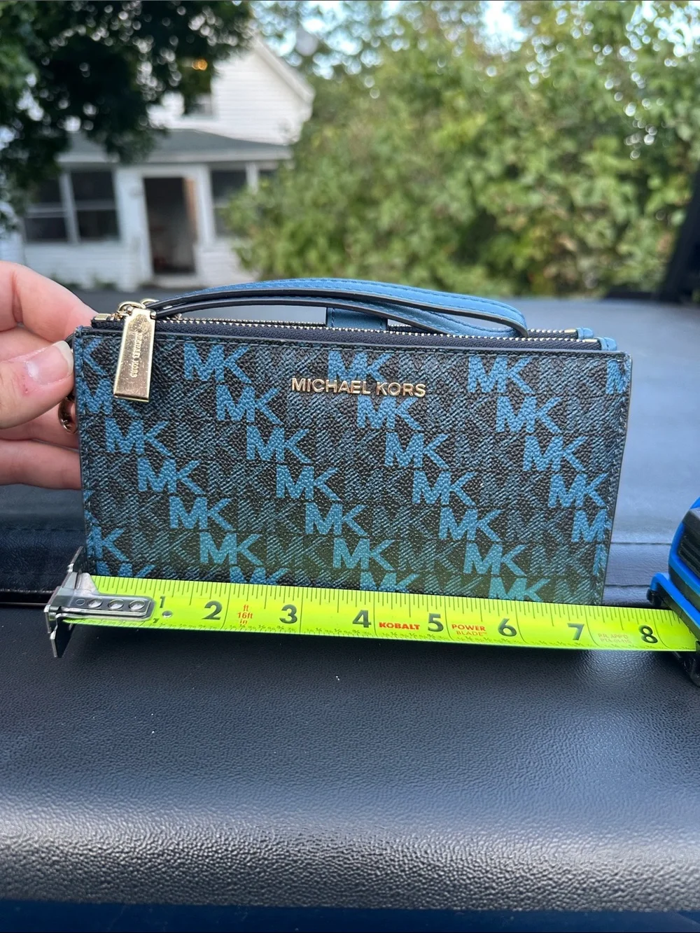 Michael Kors Blue MK Logo Wristlet Wallet with Gold Hardware